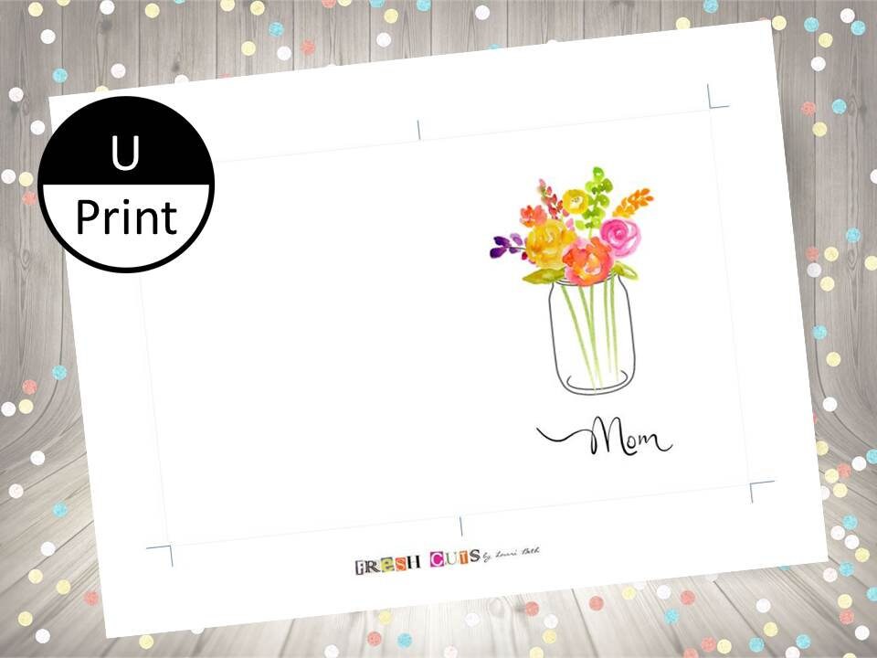Printable Card Simple Mothers Day Mason Jar Watercolor Flowers Bouquet ...