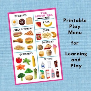 Imágenes de menús de comida para juegos de simulación imprimibles de menús de restaurantes de comida para niños pequeños que juegan y aprenden los grupos de alimentos DIY Digital
