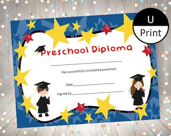 Preschool Pre K Graduation Kids Diploma Child Certificate Award DIY Boy and Girl Instant Download Printable PDF and Jpeg