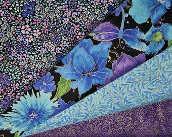 Floral Leaves Cotton Fabric Purple Gold Metallic Accents BTY By The Yard Continuous Cuts