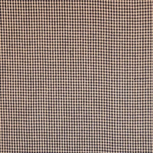 May include: A fabric featuring a small-scale gingham pattern with a repeating grid of dark navy blue and off-white squares. The textile displays a consistent, woven texture throughout the surface, creating a classic checkered appearance.