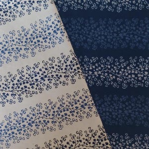 May include: Two fabric samples with a repeating floral vine pattern. One sample is off-white with navy blue vines and stripes. The other is navy blue with a lighter blue vine pattern. The design is reminiscent of a botanical illustration.