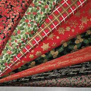 Metallic Gold Christmas Fabric: Holly, Plaid, Snowflakes - Timeless Treasures