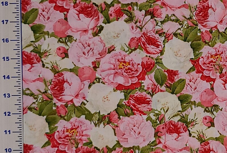 Tela con estampado floral de amapolas, color rojo, de algodón para patchwork, Timeless Treasures, cortada a medida, cortes continuos. Vtg Roses