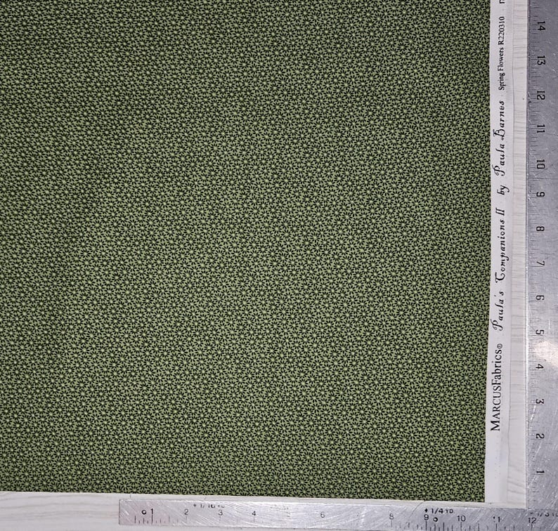 May include: Green fabric with a repeating floral pattern. The fabric is marked with the text "MARCUSFabrics Paula's Companions II by Paula Barnes Spring Flowers R220310". A ruler is placed along the edge of the fabric.