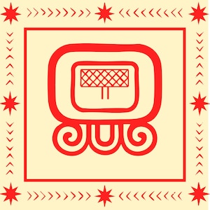 May include: A red Mayan glyph design on a cream-colored background. The central glyph is enclosed within a red square, featuring a rectangular element with a grid pattern and two vertical lines. The border includes red stars and arrow-like symbols.