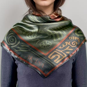 Silk Square 88 cm Kab'an- Earth - AKÅSA Maya Tolk'in • Dark Green Scarf - 12 momme silk satin