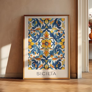 Sicilian art print Italian ceramics poster Mediterranean tile pattern Sicilian blue and yellow tiles poster Sicily art instant download