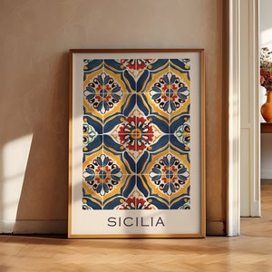 Mediterranean tile pattern print Sicilian colourful ceramics poster Italy vintage majolica wall art Sicily home decor instant download