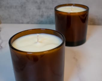 Velas de contenedor de tarro de vidrio ámbar 100% cera de soja vertidas a mano