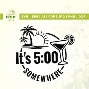 May include: Black and white graphic design with a circle containing palm trees, a sun, a cocktail glass, and the text "It's 5:00 Somewhere".