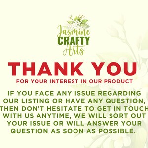 Może przedstawiać: Białe tło z zielonymi liśćmi i białymi kwiatami. Tekst "Jasmine CRAFTY Arts" jest zielony, a tekst "THANK YOU FOR YOUR INTEREST IN OUR PRODUCT" jest czerwony. Tekst poniżej jest czarny i brzmi "IF YOU FACE ANY ISSUE REGARDING OUR LISTING OR HAVE ANY QUESTION, THEN DON'T HESITATE TO GET IN TOUCH WITH US ANYTIME, WE WILL SORT OUT YOUR ISSUE OR WILL ANSWER YOUR QUESTION AS SOON AS POSSIBLE."