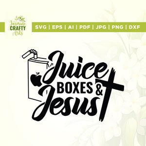 May include: Black and white graphic design with the text "Juice Boxes & Jesus" and a stylized image of a juice box with a straw and an apple.