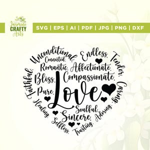 May include: A black and white heart-shaped design with the word "Love" in the center, surrounded by words like "Unconditional," "Endless," and "Compassionate." The design includes small heart icons and the text "Jasmine Crafty Arts."