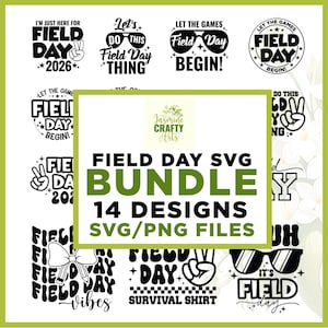 Può includere: Un pacchetto di design digitale con 14 design SVG e PNG per il Field Day. I design includono testo come "Field Day", "Let the Games Begin" e "Survival Shirt", insieme a grafiche come occhiali da sole e simboli di pace. I design sono in bianco e nero.