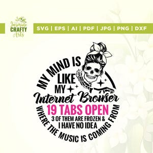May include: Black and white graphic design featuring a skull with a bun and a bow. The text reads "My mind is like my internet browser, 19 tabs open, where the music is coming from, 3 of them are frozen & I have no idea."