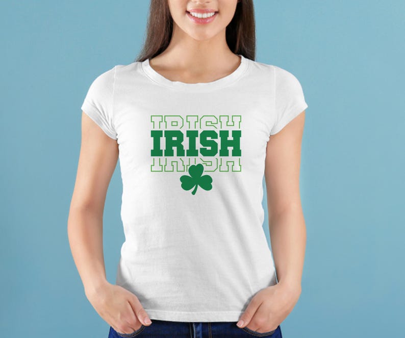 May include: White t-shirt with a green shamrock and the word "IRISH" repeated three times in a stacked design.