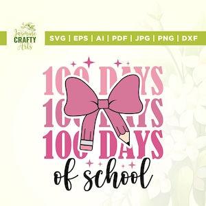 100 Dias de Escola Coquette Bow Svg, 100 dias de design de camisa, Cricut, download instantâneo, Professora de Escola Png, Coquette Professora Lápis Laço Svg