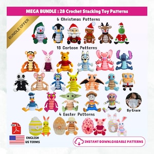 May include: A digital collection of 28 crochet stacking toy patterns including Christmas, cartoon, and Easter themes. The bundle features various colorful plush characters and eggs, with text labels, a PDF icon, and an English US terms indicator.