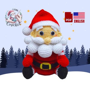 May include: Crocheted Santa Claus amigurumi toy with a red hat, white beard, and a red and white suit. The toy is sitting on a snowy background with a forest in the background.