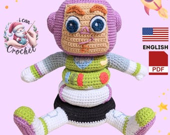May include: Crocheted Buzz Lightyear toy with a purple head, green and white body, and black boots. The toy is sitting with its legs spread out. The image includes the text "i can Crochet" and "ENGLISH PDF".
