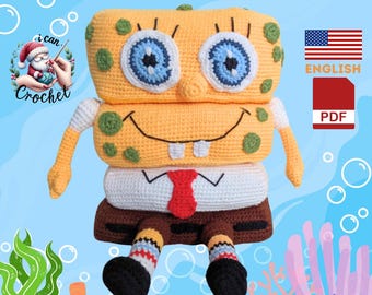 May include: Crocheted SpongeBob SquarePants amigurumi toy sitting with a red tie. The toy is yellow with brown pants and black shoes. The toy has a big smile and brown eyes. The background is blue with bubbles and coral.