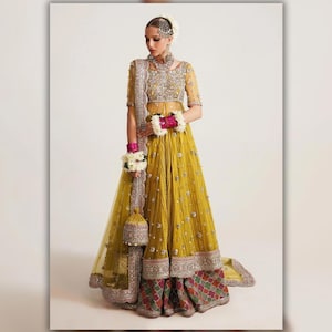 Pakistani Indian Women Wedding Bridal Sharara Dress Custom Stitch Lime Yellow Heavy Embroidered Designer Pishwas Eid Party Dress For Women