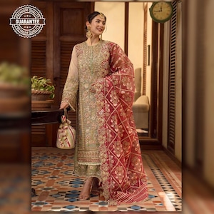 Traditional Indian Pakistani Wedding Bridal Dress Custom Stitch Gota & Sheesha Handwork Heavy Embroidered Designer Eid Party Dress For Women