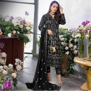 Custom Stitched Chiffon Cocktail Dress Shalwar Kameez 3 Piece Suit Pakistani Indian Designer Dresses Luxury Embroidery Eid Dress For Women