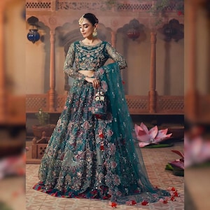 Custom Stitch Teal Pakistan Indian Women Wedding Bridal Maxi Dress Heavy Embroidered Crystal & Pearls Lehenga Choli Anarkali Designer Dress