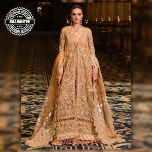 Custom Stitch Elegant Baige Pakistani Indian Women Wedding Bridal Sharara Dress Heavy Embroidered Designer Pishwas Eid Party Dress For Women