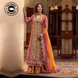 Embroidered Custom Stitch Pakistan Indian Women Wedding Bridal Maxi Dress Heavy Stone Mirror & Beads Designer Lehenga Dress Wedding Wear