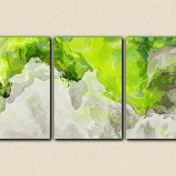 Triptych abstract giclee canvas print with gallery wrap, 24x48 to 36x72 in chartreuse green and white, from abstract painting "Lime Light"