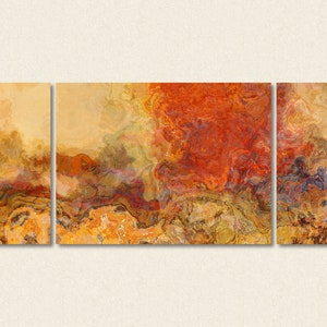 Extra large triptych abstract art, 30x72 to 40x90 giclee canvas print, in red orange and tan, from abstract painting "Magma"