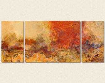 Extra large triptych abstract art, 30x72 to 40x90 giclee canvas print, in red orange and tan, from abstract painting "Magma"