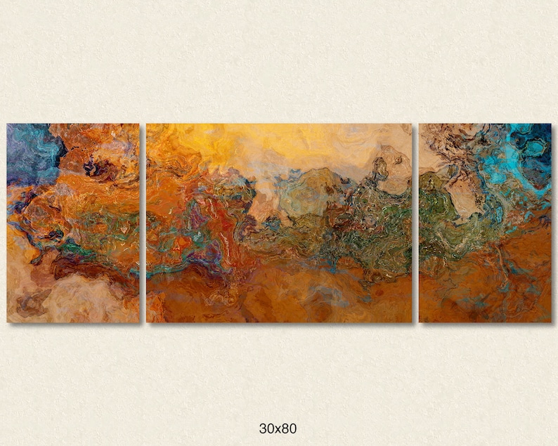 Extra Large triptych abstract art canvas print, 30x80 to 34x90, in orange, turquoise and copper, from abstract painting Canyon Sunset 30x80 inches