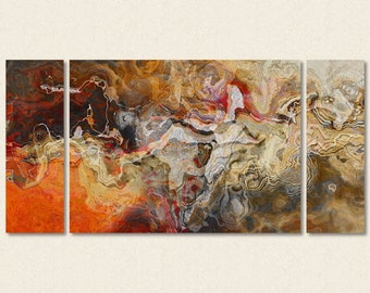 Large Triptych Abstract Art Canvas Print, 30x60 to 40x78 in Orange and Brown, from Original Painting Cinnamon Lake