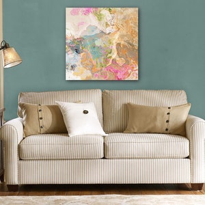 Large abstract expressionism stretched canvas print, 30x30 to 36x36 in pastels, from abstract painting Dreamgirl image 3