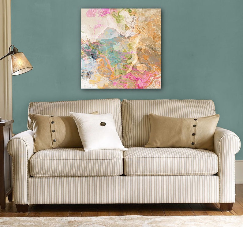 Large abstract expressionism stretched canvas print, 30x30 to 36x36 in pastels, from abstract painting Dreamgirl image 3