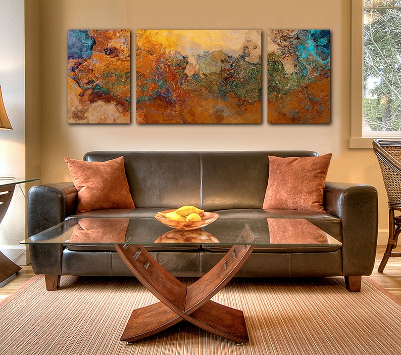 Extra Large triptych abstract art canvas print, 30x80 to 34x90, in orange, turquoise and copper, from abstract painting Canyon Sunset image 2