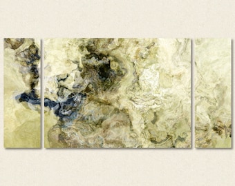 Oversize triptych abstract expressionism art gallery wrap canvas print, 30x60 to 40x78 in olive, cream and khaki from abstract "Stone Creek"