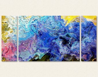 Large Triptych Abstract Art Canvas Print, 30x60 to 40x78 in Blue, Pink, and Yellow, from Original Painting Take Five