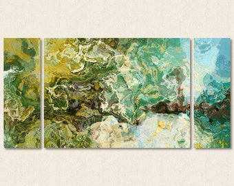 Oversize abstract expressionism stretched canvas print, 30x60 to 40x78 triptych, teal, brown and green, from abstract painting "Rain Forest"