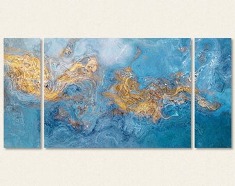 Large Triptych Abstract Art Canvas Print, 30x60 to 40x78 in Blue and Golden Brown, from Original Painting Tender Mercy