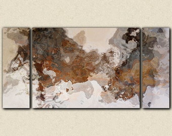 Oversize triptych abstract art 30x60 to 40x78 stretched canvas print,in earthy brown and grey, from abstract painting "Ball and Chain"