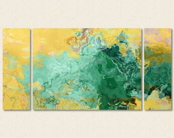 Oversize abstract modern art triptych stretched canvas print, 30x60 to 40x78 in turquoise and yellow, from abstract painting "Oasis"