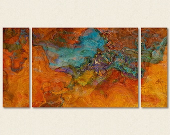 Large Triptych Abstract Art Canvas Print, 30x60 to 40x78 in Red-Orange and Turquoise, from Original Painting Desert Artifact