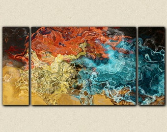 Abstract wall art stretched canvas print, 30x60 to 40x78 triptych in earth tones, from abstract painting "Extravaganza"