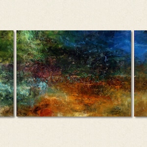 Large triptych art stretched canvas print, 30x60 to 40x78, sofa sized abstract art in dark tones, from abstract painting "Night Mood"