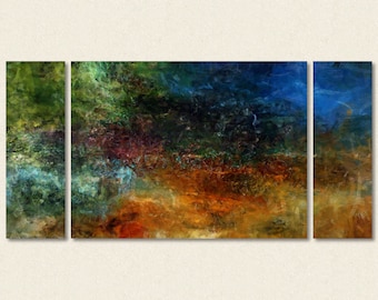 Large triptych art stretched canvas print, 30x60 to 40x78, sofa sized abstract art in dark tones, from abstract painting "Night Mood"